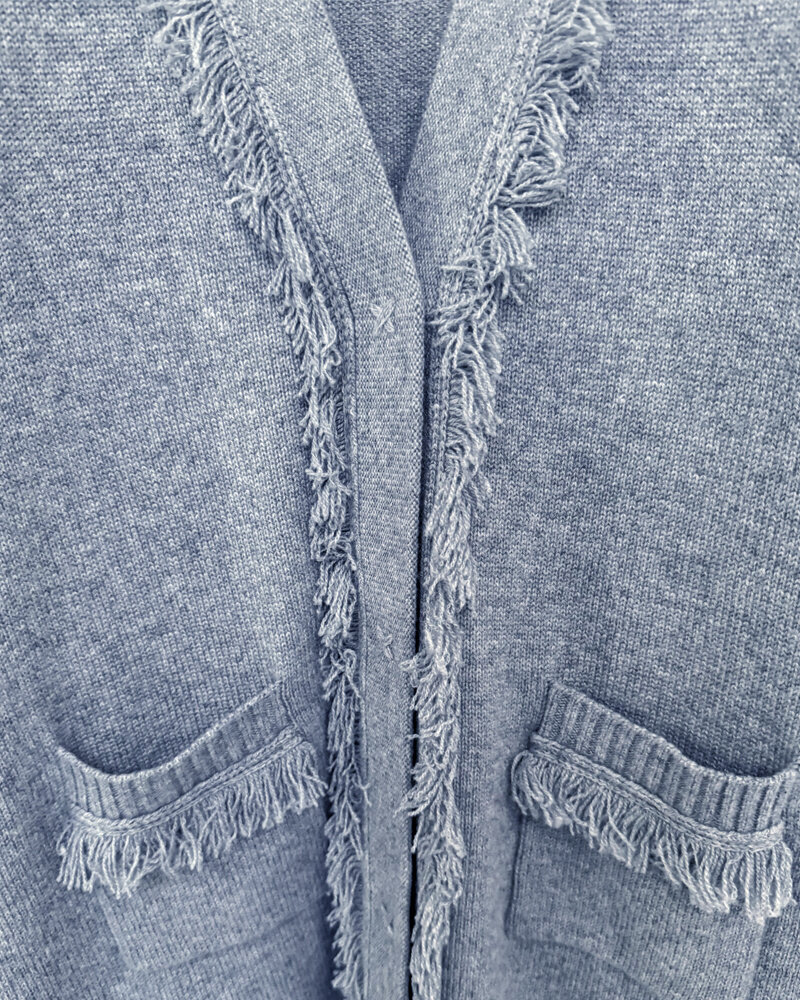 LONG CARDIGAN W/ FRINGES: FOG BLUE