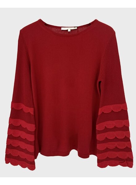 CASHMERE CREWNECK SWEATER WITH RUFFLES: DARK RED