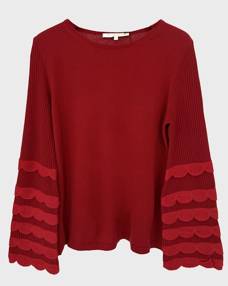 CASHMERE CREWNECK SWEATER WITH RUFFLES: DARK RED