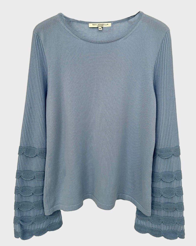 CASHMERE CREWNECK SWEATER WITH RUFFLES: LIGHT BLUE