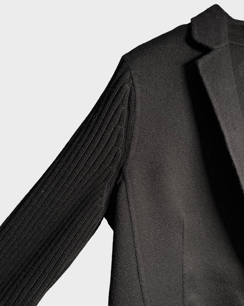 DF CASHMERE-WOOL W/ KNIT ARMS 1-BUTTON BLAZER: BLACK-BLACK