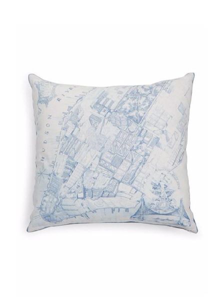 NEW YORK PRINT COTTON PILLOW: 22" X 22": BLUE