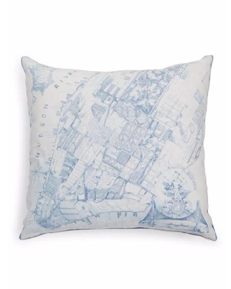 NEW YORK PRINT COTTON PILLOW: 22" X 22": BLUE