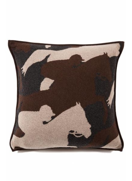 KNITTED CANTERING HORSE PILLOW WITH SUEDE: 21" X 21": ANTHRACITE-TAUPE-CHOCOLATE