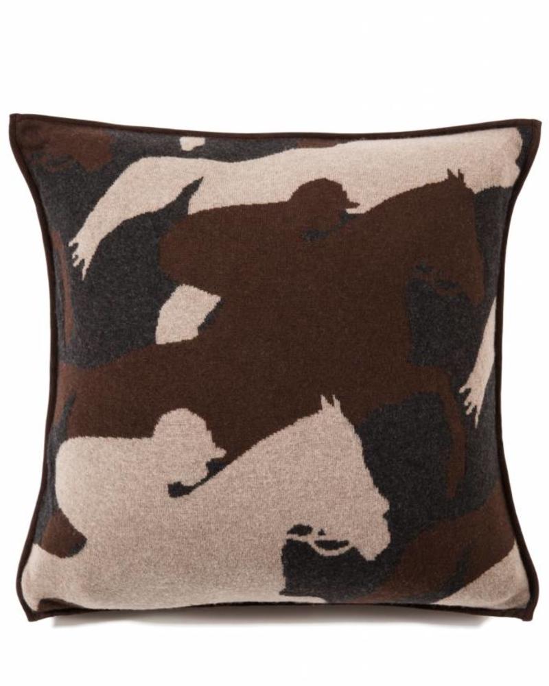 KNITTED CANTERING HORSE PILLOW WITH SUEDE: 21" X 21": ANTHRACITE-TAUPE-CHOCOLATE