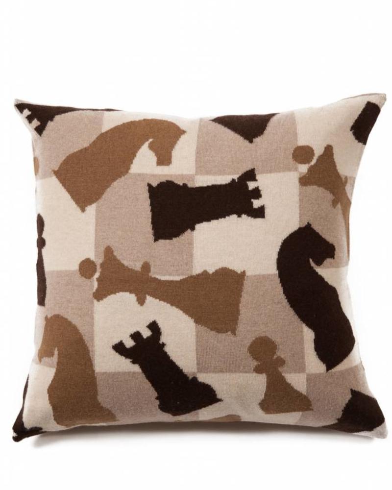 CASHMERE BLEND KNITTED CHESS PILLOW: 21" X 21": CAMEL-TAUPE-CHOCOLATE