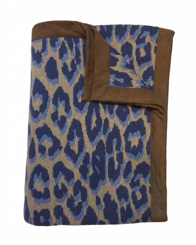 CASHMERE BLEND LEOPARD THROW WITH SUEDE BORDER: 52" X 75": AZURE