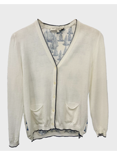 COTTON V CARDIGAN W/ BOAT SILK BACK: IVORY-BLUE