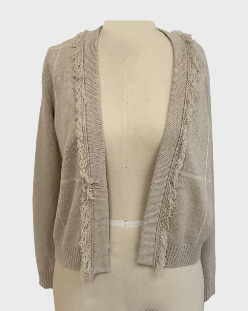 OPEN CASHMERE PLAID CARDIGAN W/ FRINGES: SAND-IVORY