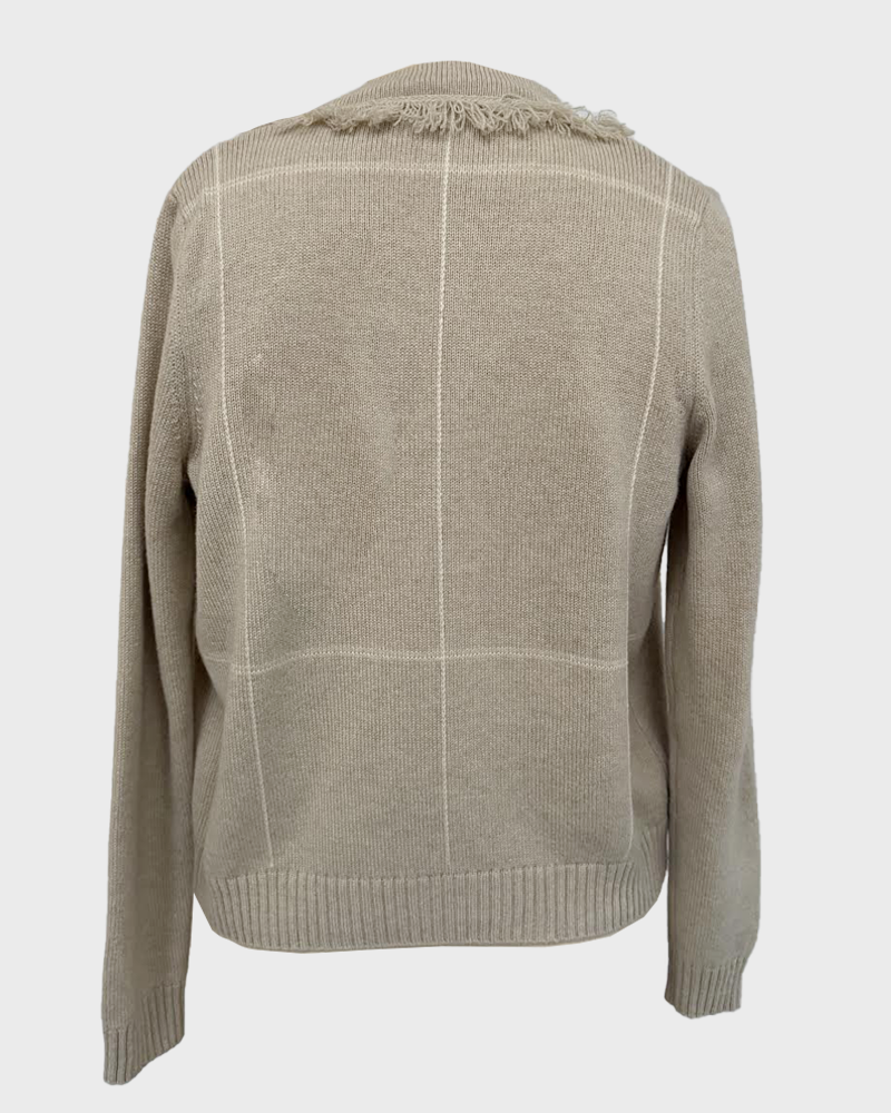 OPEN CASHMERE PLAID CARDIGAN W/ FRINGES: SAND-IVORY