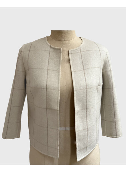 DOUBLE FACE COLLARLESS JACKET: IVORY-SAND SQUARES