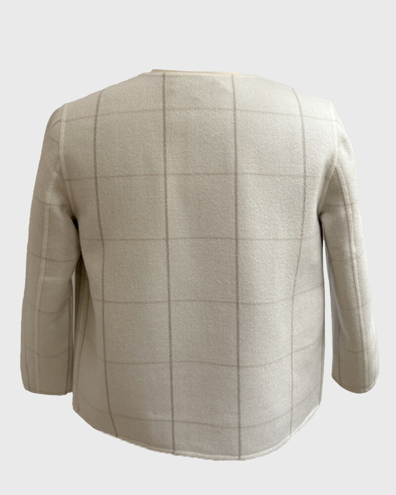 DOUBLE FACE COLLARLESS JACKET: IVORY-SAND SQUARES