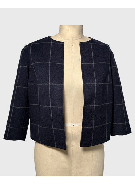 DOUBLE FACE COLLARLESS JACKET: NAVY-GRAY SQUARES