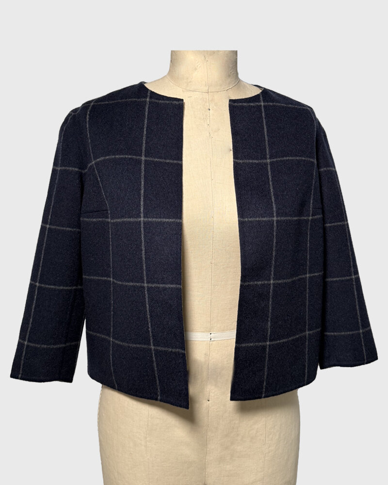 DOUBLE FACE COLLARLESS JACKET: NAVY-GRAY SQUARES