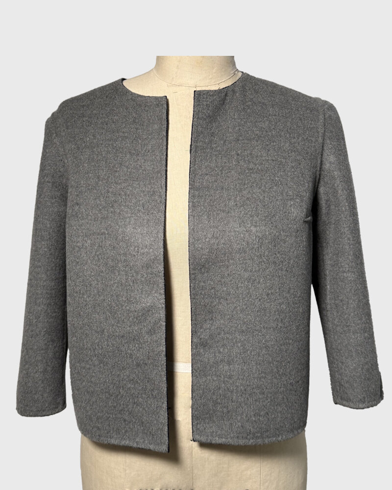 DOUBLE FACE COLLARLESS JACKET: NAVY-GRAY SQUARES