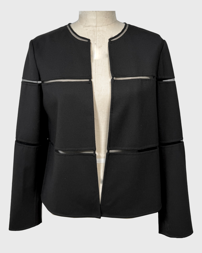DOUBLE FACE WOOL COLLARLESS JACKET WITH TULLE INSETS: BLACK