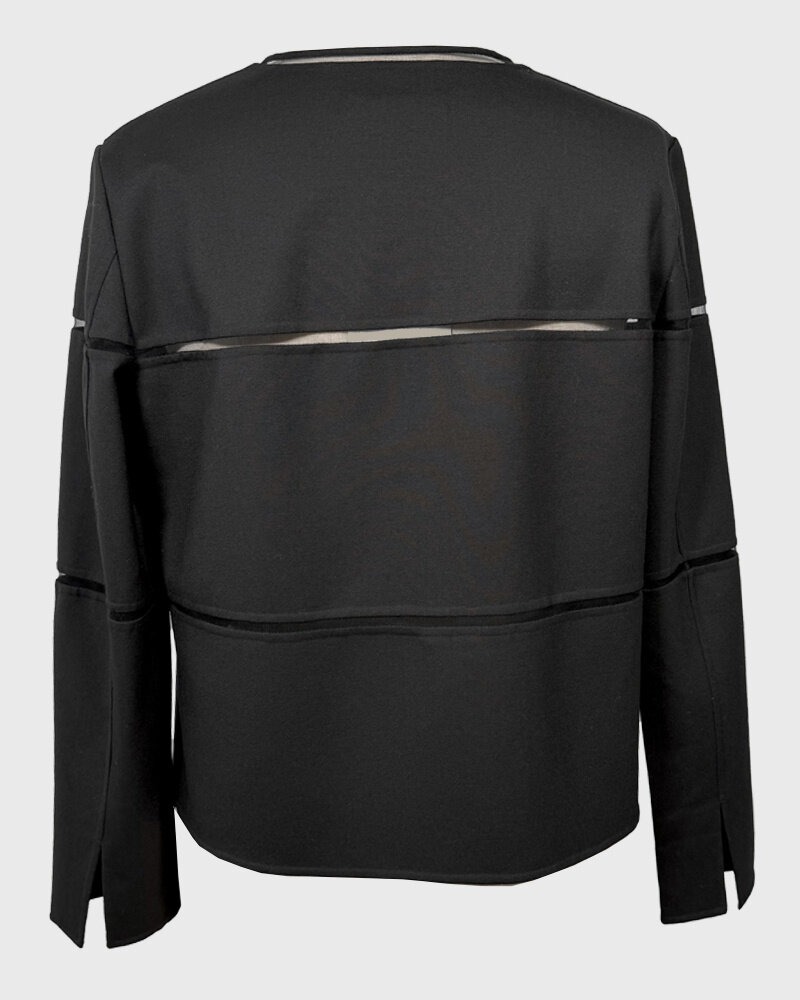 DOUBLE FACE WOOL COLLARLESS JACKET WITH TULLE INSETS: BLACK