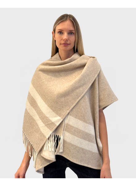 CASHMERE DOUBLE FACE  PONCHO WITH SCARF: BEIGE: IVORY