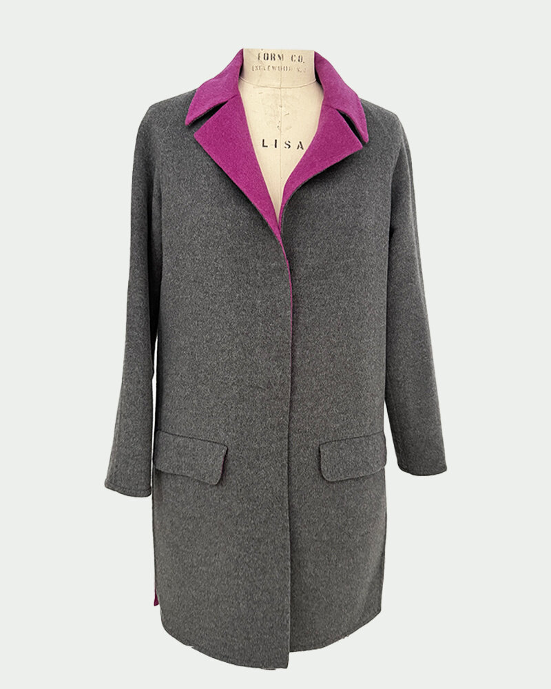 DOUBLE FACE CASHMERE COAT: GRAY-FUCHSIA