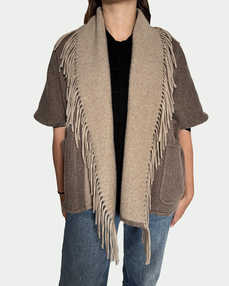 CASHMERE DOUBLE FACE  FRINGE REVERSIBLE CAPE: CHOCOLATE: BEIGE