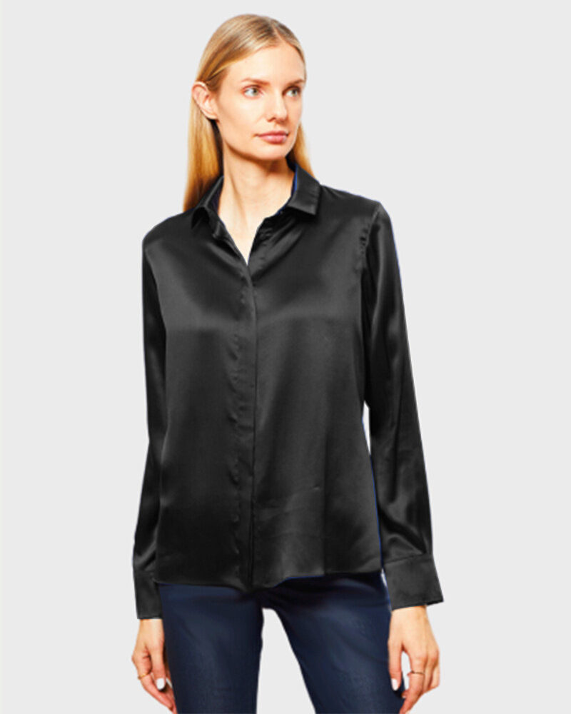 100% SILK COLLAR BUTTON FRONT WITH SIDE SLITS SHIRT: SIMONA: BLACK