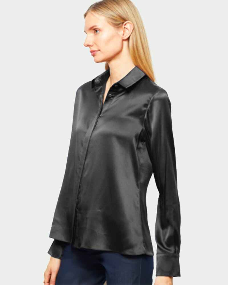 100% SILK COLLAR BUTTON FRONT WITH SIDE SLITS SHIRT: SIMONA: BLACK