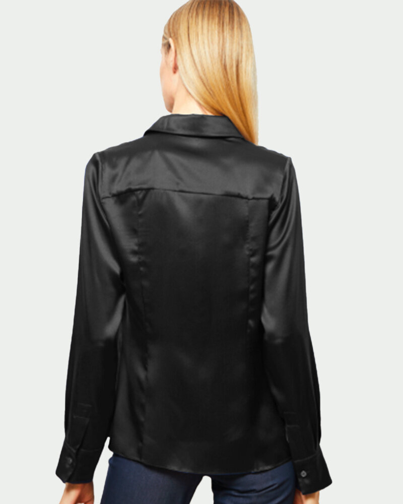 100% SILK COLLAR BUTTON FRONT WITH SIDE SLITS SHIRT: SIMONA: BLACK