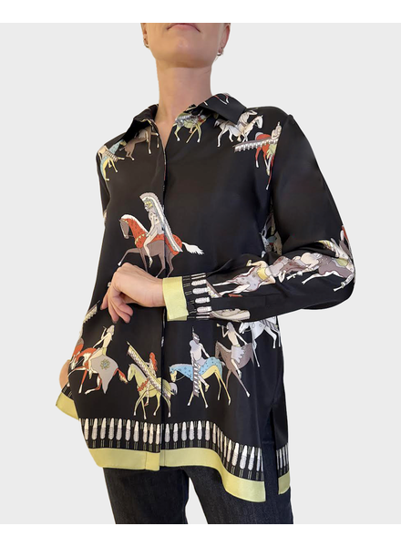 COLLARED SILK PRINTED SHIRT: NATIVE AMERICAN: BLACK