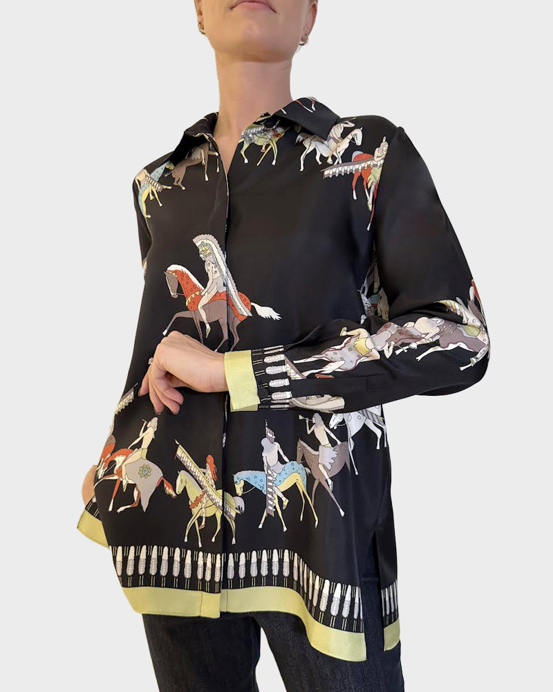COLLARED SILK PRINTED SHIRT: NATIVE AMERICAN: BLACK