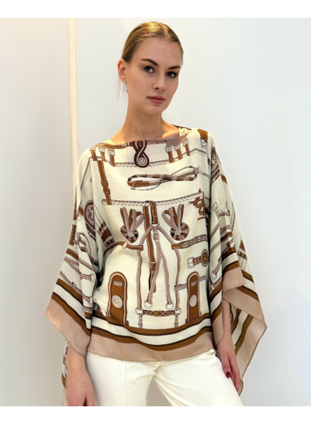 CASHMERE PRINTED PONCHO: BITS: BROWN