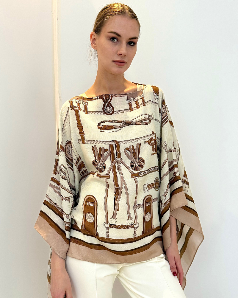 CASHMERE PRINTED PONCHO: BITS: BROWN
