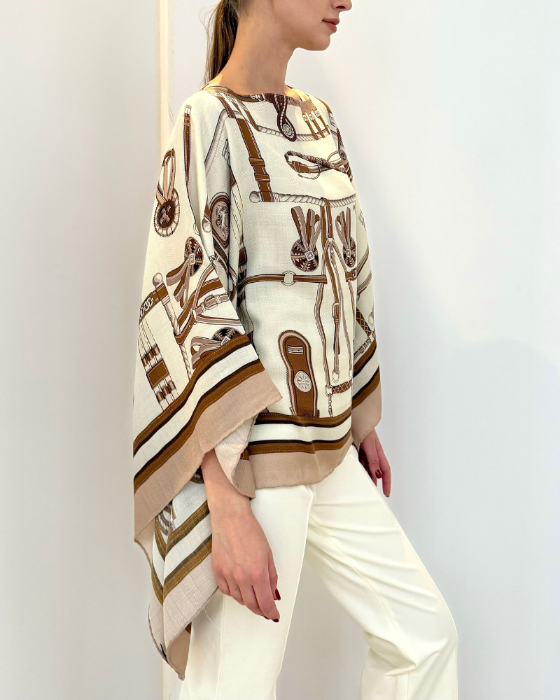 CASHMERE PRINTED PONCHO: BITS: BROWN