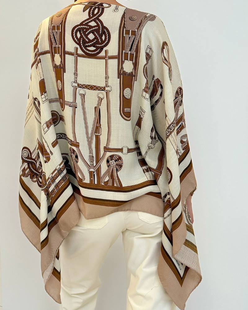 CASHMERE PRINTED PONCHO: BITS: BROWN