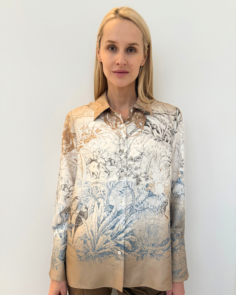 COLLARED SILK PRINTED SHIRT: SAFARI BEIGE