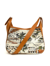 PRINTED LINEN AND LEATHER SHOULDER BAG: CAIRO: BROWN