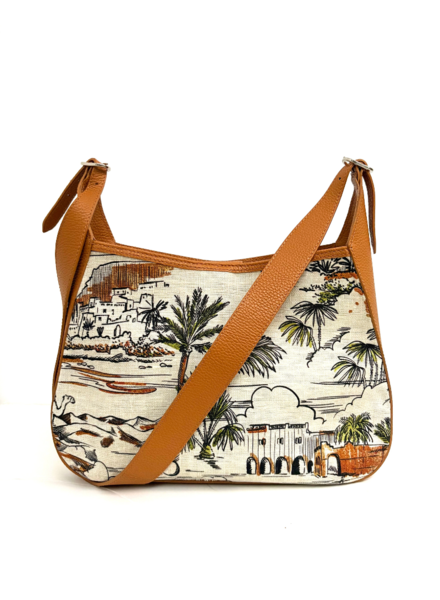PRINTED LINEN AND LEATHER SHOULDER BAG: CAIRO: BROWN