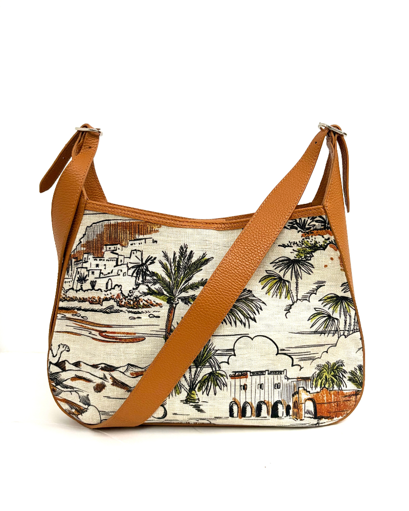 PRINTED LINEN AND LEATHER SHOULDER BAG: CAIRO: BROWN