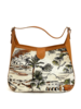 PRINTED LINEN AND LEATHER SHOULDER BAG: CAIRO: BROWN