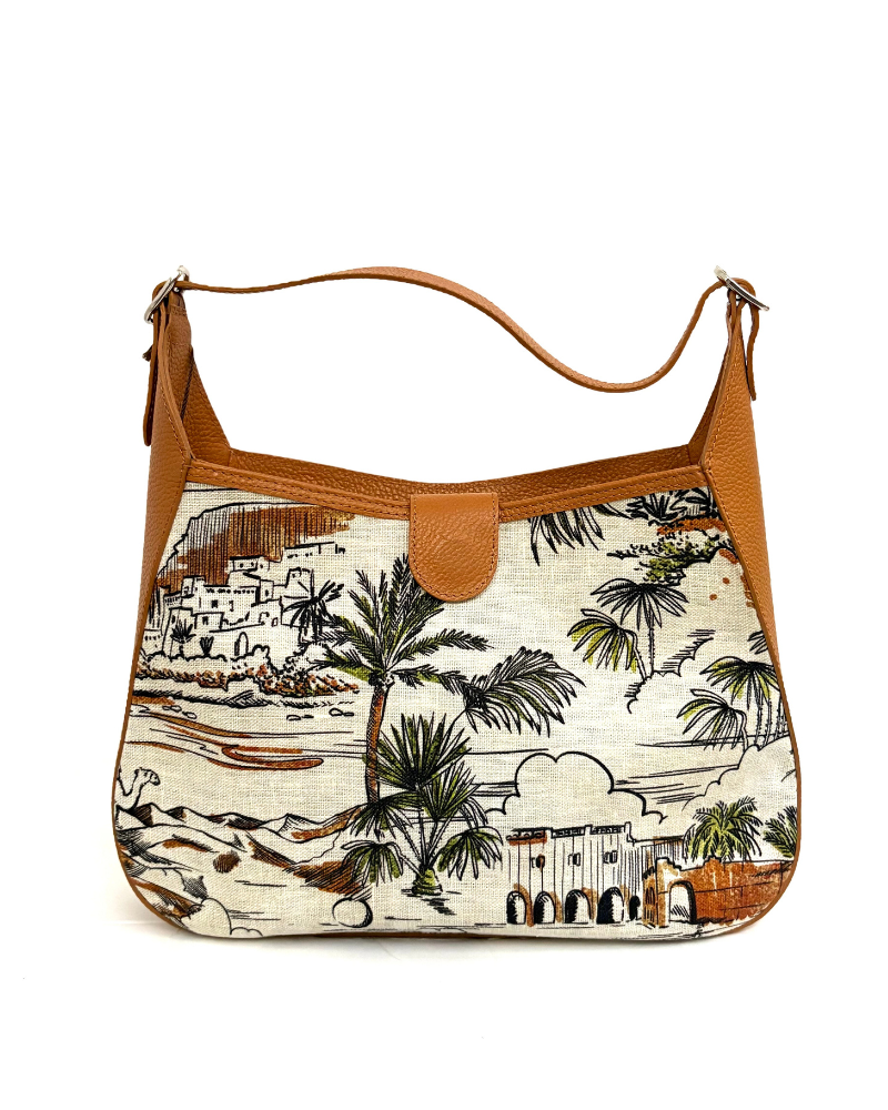 PRINTED LINEN AND LEATHER SHOULDER BAG: CAIRO: BROWN