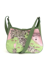 PRINTED LINEN AND LEATHER SHOULDER BAG: MAP OF ITALY: CELADON