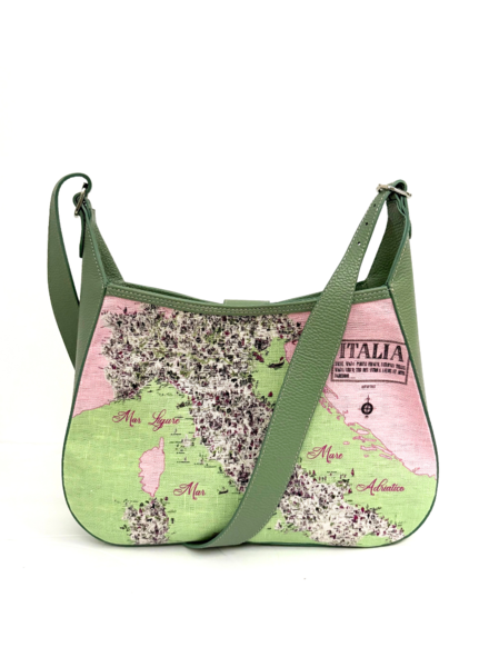 PRINTED LINEN AND LEATHER SHOULDER BAG: MAP OF ITALY: CELADON