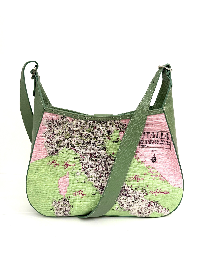 PRINTED LINEN AND LEATHER SHOULDER BAG: MAP OF ITALY: CELADON
