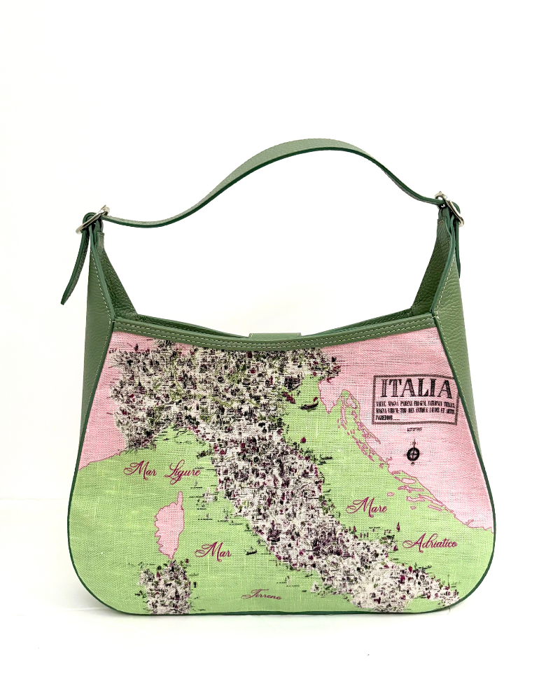 PRINTED LINEN AND LEATHER SHOULDER BAG: MAP OF ITALY: CELADON