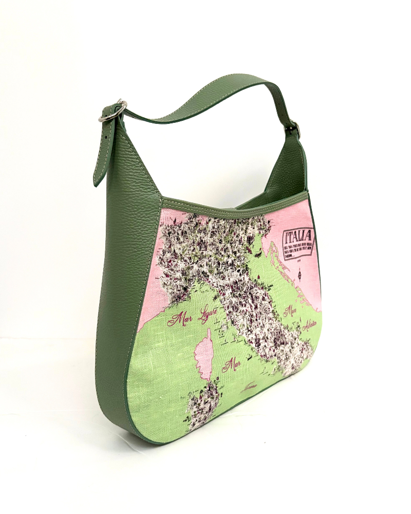 PRINTED LINEN AND LEATHER SHOULDER BAG: MAP OF ITALY: CELADON