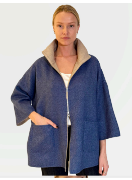CASHMERE DOUBLE FACE  SHORT SLEEVE  REVERSIBLE JACKET: NAVY: BEIGE
