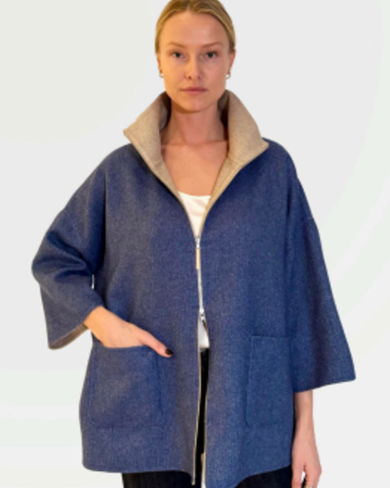CASHMERE DOUBLE FACE  SHORT SLEEVE  REVERSIBLE JACKET: NAVY: BEIGE