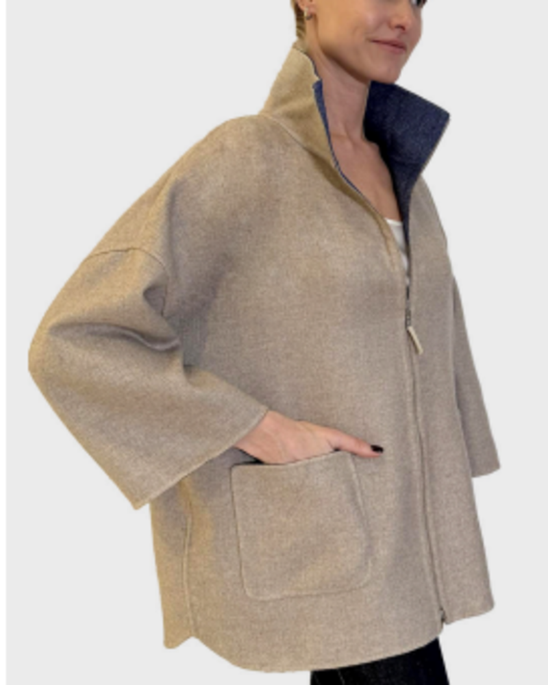 CASHMERE DOUBLE FACE  SHORT SLEEVE  REVERSIBLE JACKET: NAVY: BEIGE
