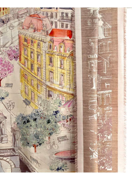 SILK AND WOOL PRINTED JACQUARD SCARF: PARIS: PINK AND YELLOW
