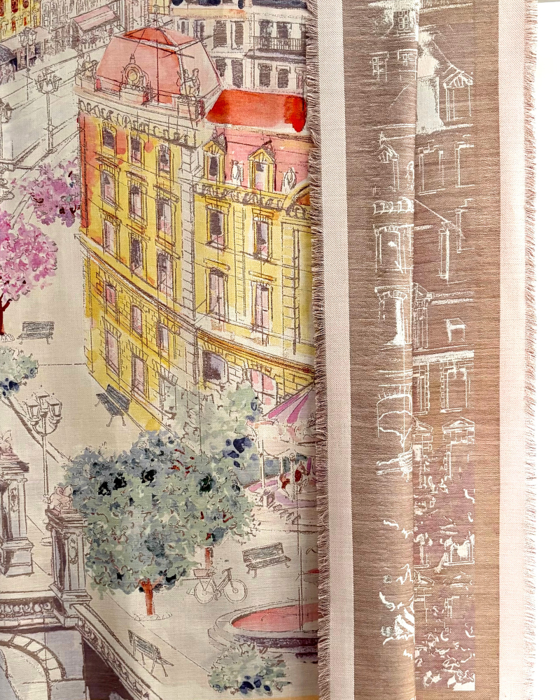 SILK AND WOOL PRINTED JACQUARD SCARF: PARIS: PINK AND YELLOW