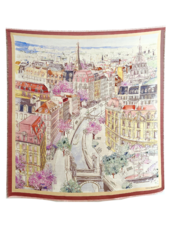 SILK AND WOOL PRINTED JACQUARD SCARF: PARIS: PINK AND YELLOW
